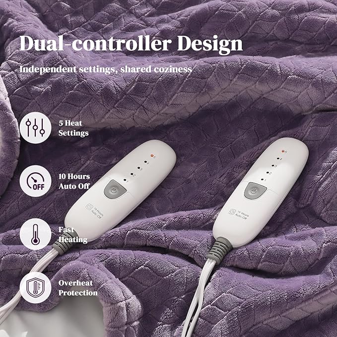 Electric Blanket Queen 84"x90" Heated Blanket Queen Size Dual Control Wheat Pattern Ultra-soft Flannel & Thick Sherpa with 5 Heat Settings & 10H Auto Off, FCC/ETL Certified, Machine Washable, Lavender