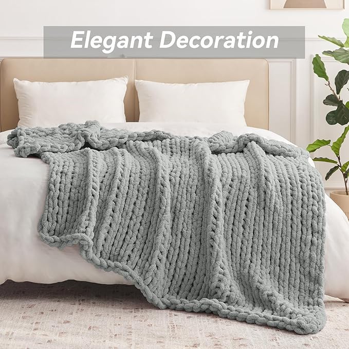 Chunky Knit Throw Blanket, 80''*90'' Knitted Throw Chenille Yarn for Bed Couch, Handmade Light Grey Crochet Big Thick Blanket, Machine Washable Cute Comfy Blanket for Home Decor