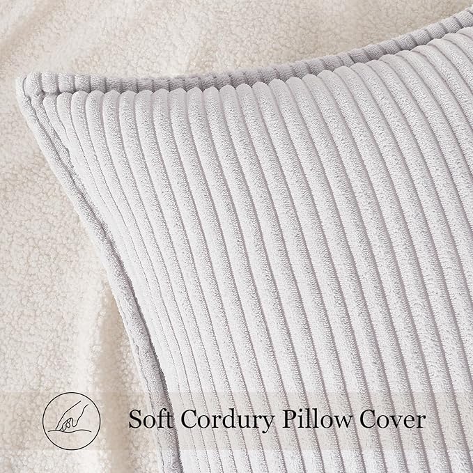 Mecatny Corduroy Throw Pillow Covers 18x18 Set of 2, Neutral Decorative Soft Boho Couch Pillow Covers with Broadside for Sofa Living Room, Grey