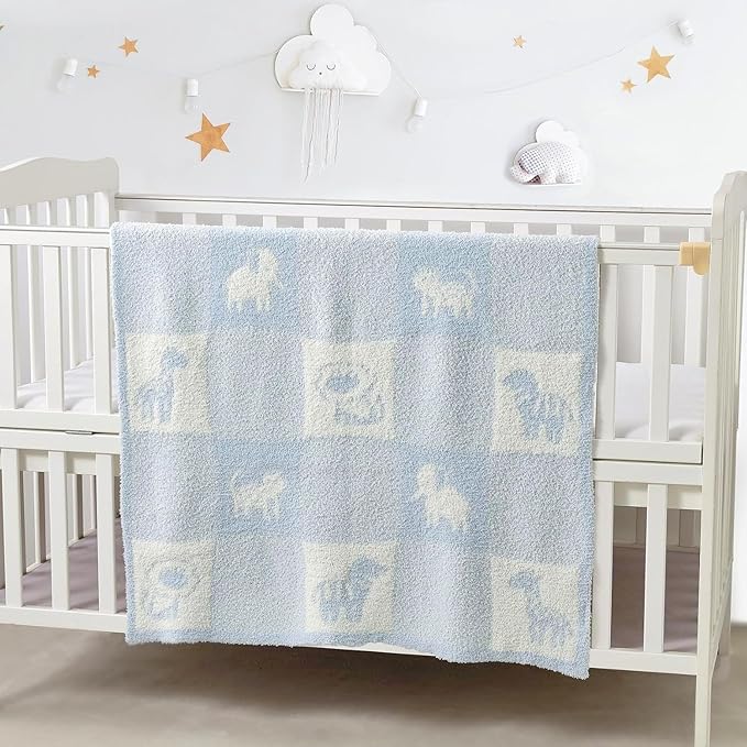 CREVENT 2Pcs 30''X40'' Cute Cozy Fluffy Warm Baby Blankets for Infants Toddlers' Bedding Crib Cot Stroller - Grey Cloud + Knit Animal Blue