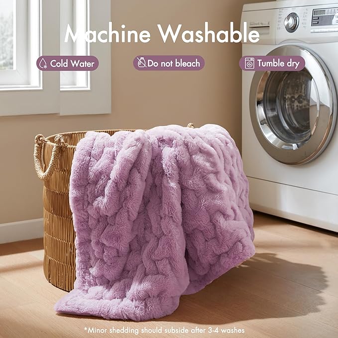 Madison Park Ruched Luxury Throw Premium Soft Cozy Brushed Long Faux Fur for Bed, Couch or Sofa, 50"x60", Purple