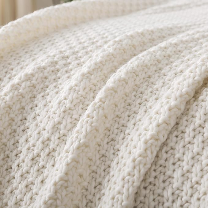 WDCOZY Chunky Cable Knit Throw Blanket Super Soft Warm Knitted Throw Blanket for Couch, Sofa, Chair, Bed Lightweight Breathable Cozy Comfortable Home Decorative Ivory Cream White 60x80 Inches