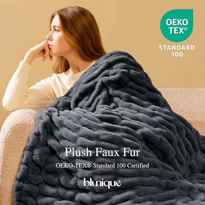 Faux Fur Blanket, Twin Size Oversized Throw Blanket for Couch, Fluffy Blanket with Stretch Ruched Design, Ultra Soft Giftable Home Decor, 60x80 inches, Charcoal Grey