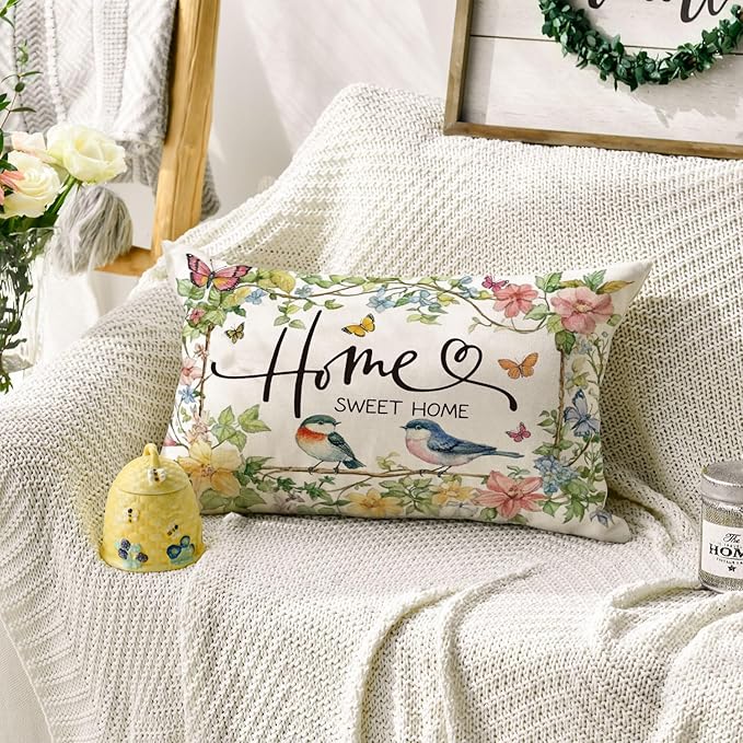AVOIN colorlife Home Sweet Home Birds Floral Throw Pillow Cover, 12 x 20 Inch Spring Summer Flowers Cushion Case Decoration for Sofa Couch Living Room Bedroom Decor