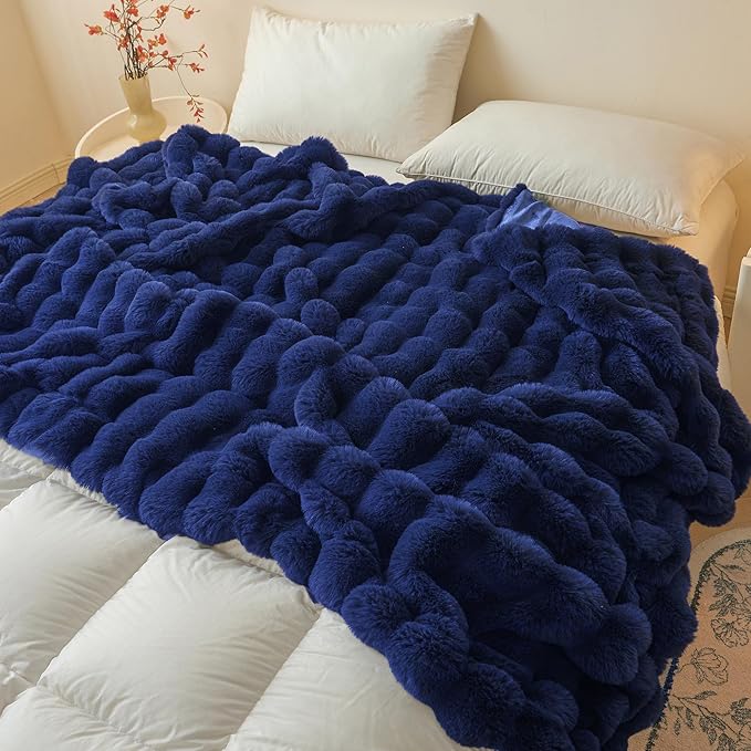 LIFEREVO Fluffy Faux Rabbit Fur Bubble Throw, Plush Shaggy Blanket for Couch Sofa Chair, Soft Cute Royal Furry Blanket Adults Kids Teens Girls, Fuzzy Throw for Bedroom Living Room, 50x60, Navy Blue