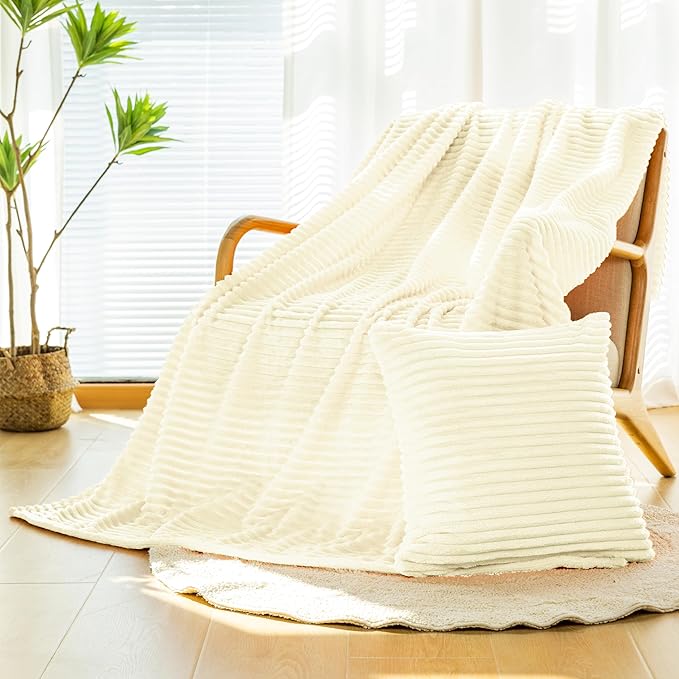 Vessia Flannel Fleece Cream Throw Blanket(50x71 Inch) for Couch with Pillow Cover(18 * 18 Inch), Warm Cozy Soft Striped Pattern Blanket, Microfiber Ivory Ribbed Sofa Throw for All Season