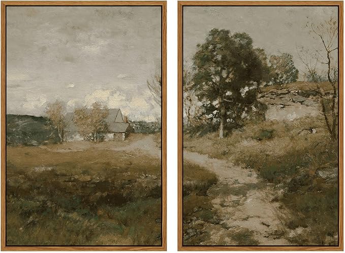 InSimSea 2 Pcs Framed Wall Art Vintage Farmhouse Decor, Country Road Paintings Above Bed Wall Decor, Canvas Prints, Rustic Scenery Pictures for Living Room,Bedroom,Office, 16"x24", set of 2