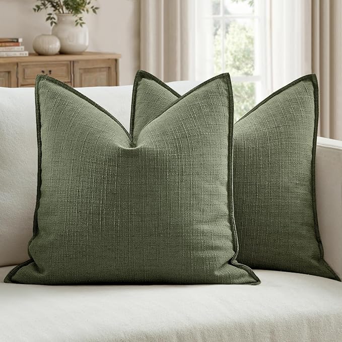 MIULEE Pack of 2 Thick Textured Couch Throw Pillow Covers, Dark Green Decorative Pillow Covers 18x18, Linen Cushion Cases for Sofa Bed Living Room Modern Farmhouse Home Decor, No Filling