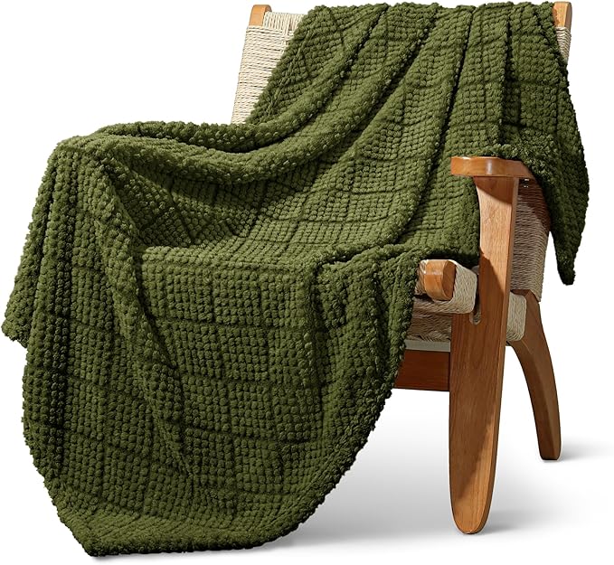 Whale Flotilla Fuzzy Fleece Throw Blanket for Couch, Bed, Soft Fluffy Jacquard Waffle Blankets for All Season, Lightweight and Warm, 50x60 Inch, Olive