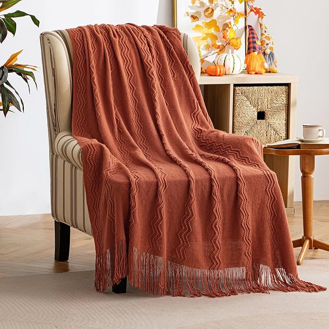 MIULEE Rust Knitted Throw Blanket for Couch Boho Terracotta Textured Cozy Woven Blanket with Tassels for Sofa Chair Bed Living Room Acrylic Wave Pattern 60"x80"