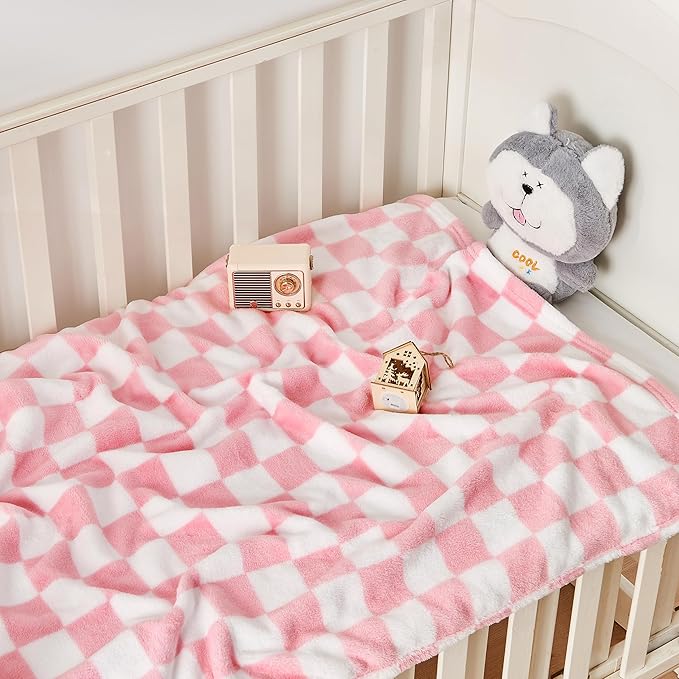 Yurhap Checkered Baby Blanket for Girls Pink Fleece Baby Blankets for Girls Boys, Warmer Comfort Lightweight Bed Blanket for Toddlers Infants or Newborn, 30''x40'', Pink