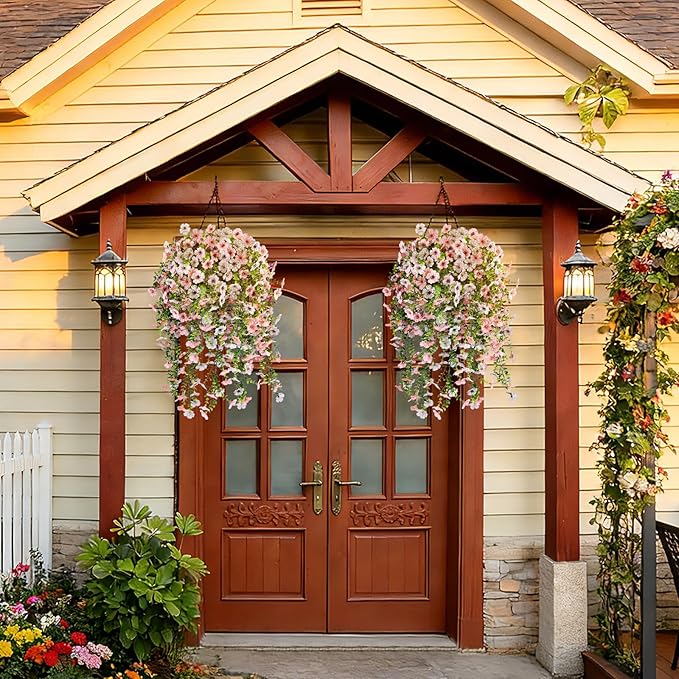 Artificial Flowers for Outdoors Spring Decor, 6 Bundles UV Resistant Realistic Fuax Silk Hanging Flowers, Fake Plants for Planter Indoor Outside Garden Porch Patio Balcony Yard (Pink White)