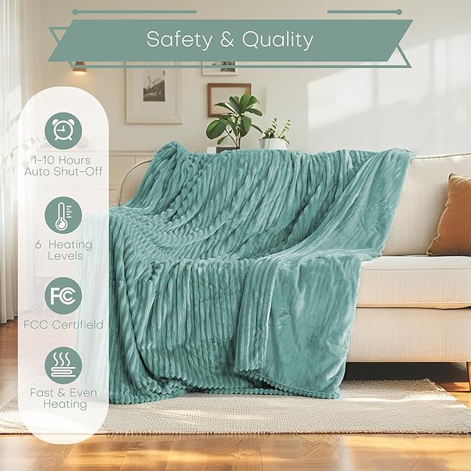 Electric Heated Blanket Queen Size 84"x90" with Cozy Flannel, 6 Heat Settings & 10 Hours Auto Off, Soft & Cozy Warming Throw for Home, Office, or Bed, Machine Washable, Bean Green