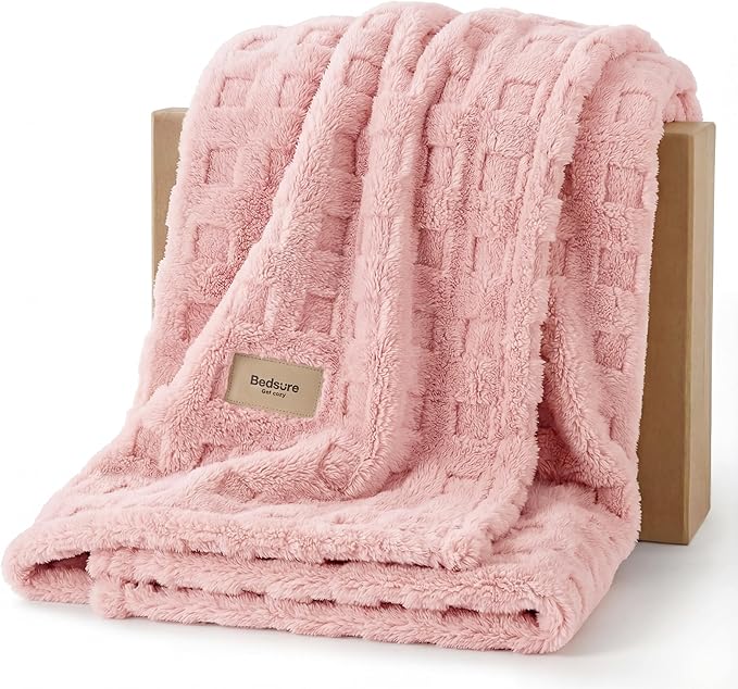Bedsure Light Pink Throw Blankets for Women - GentleSoft Waffle Cozy Blanket for Sofa Couch Bed Room Decor, Super Fluffy Fleece Checkered Throw for Girls, Warm Cute All Season Gift, 50x60 Inches
