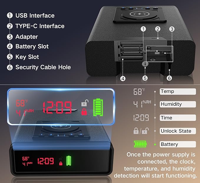 Biometric Smart Gun Safe with Wireless Charging, 3 Quick Access Money Box with Fingerprint - Compact Bedside Drawer Safe, 24/7 Digital Clock handgun safe,Gifts for Men