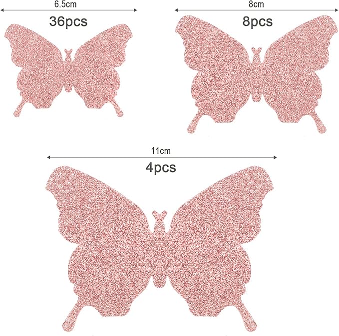 BBTO 48 Pieces Butterfly Wall Decor DIY 3D Mirror Butterfly Stickers Removable Decals Crafts for Birthday Party Bedroom School Bathroom Living Room Decor(Glitter Pink)