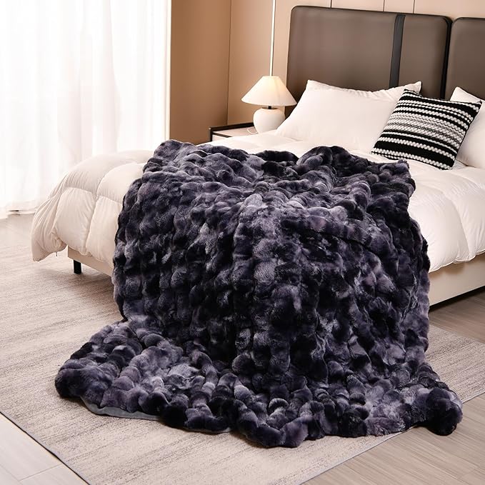 H&D Faux Fur Throw Blanket for Couch,Fluffy Cozy Soft Plush Luxury Thick Fuzzy Fleece Blanket for Couch Bed Sofa Bedroom Living Room,Comfy Bubble Blanket
