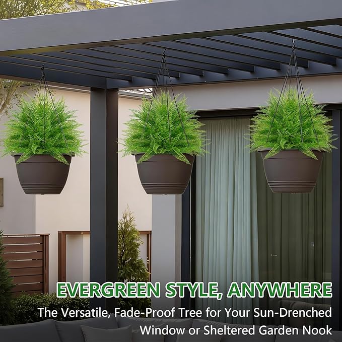 Artificial Fern Topiary Ball with Ground Spike, Set of 2 Faux Boston Fern Plants Shrub, Fake UV Resistant Evergreen Bushes for Porch Garden Indoor Outdoor Decor