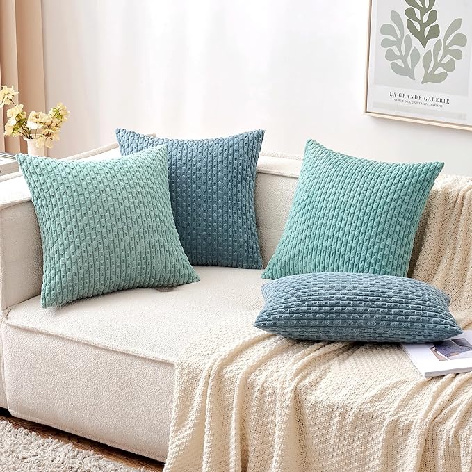 MIULEE Pack of 2 Decorative Throw Pillow Covers 16x16 Inch Soft Boho Striped Textured Corduroy Pillow Covers Modern Farmhouse Home Decor for Couch Bed Sofa Living Room Aqua Green