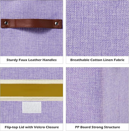 2PCS Storage Boxes with Lid Cotton Linen Fabric Storage Bins Organizer Container Decorative Collapsible Washable Shelf Closet Baskets Faux Leather Handles Home Bedroom (Purple, Small)