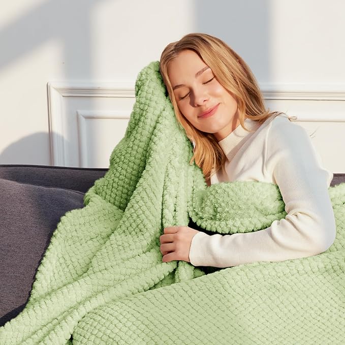 Whale Flotilla Queen Size Fuzzy Fleece Blanket for Bed, 90x90 Inch Fluffy Warm Soft Jacquard Blankets for All Season, Lightweight and Cozy, Sage Green