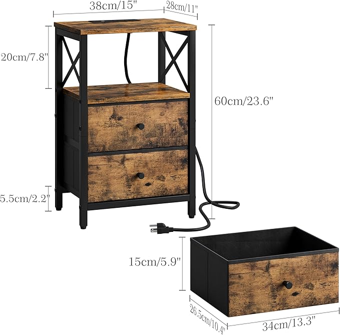 Nightstand Set of 2,Nightstands with Charging Station, Small Bedside Table with Storage, End Table with USB Ports & Outlets,with Fabric Drawers,for Couch, Bedroom(Rustic Brown) LET105R-2