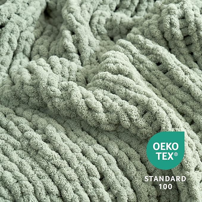 Amélie Home Chunky Knit Throw Blanket for Couch, Soft Chenille Crochet Blanket for Children, 40"x50", Sage Green