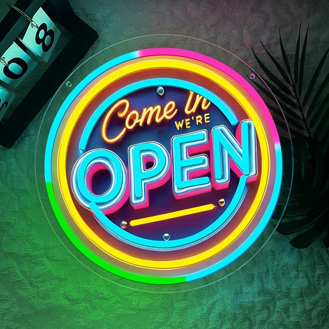 Neon Open Sign for Business, 13 * 13'' Colorful Adjustable Brightness Come in We’re Open Sign for Business Walls Window Party Bar Salon Shop Hotel