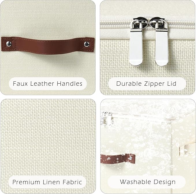 4 Pack Storage Bins with Zipper Lid Cotton Linen Fabric Lidded Storage Baskets Boxes Foldable Washable Closet Shelf Clothes Organizer Container with PU Leather Handles (Beige, Small)