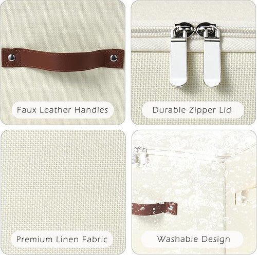 2 Pack Storage Bins with Zipper Lid Cotton Linen Fabric Lidded Storage Baskets Boxes Foldable Washable Closet Shelf Clothes Organizer Container with PU Leather Handles (Beige, Small Size)