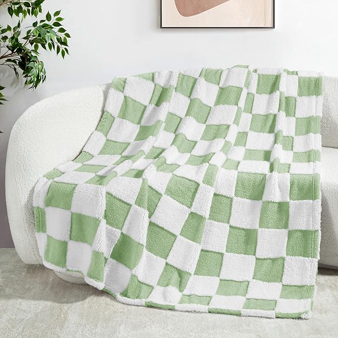 Exclusivo Mezcla Fleece Blanket Twin Size, Cozy Lightweight and Fuzzy Checkered Blankets for Couch or Bed, Suitable for All Seasons, Sage Green, 60" x 80"
