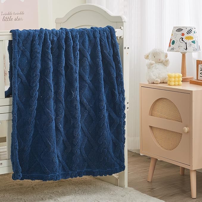 KMUSET Kids Blue Blanket for Boys Girls 30 x 40 inches, Soft Cozy Fuzzy Swaddle 3D Jacquard Throw Blanket, Navy