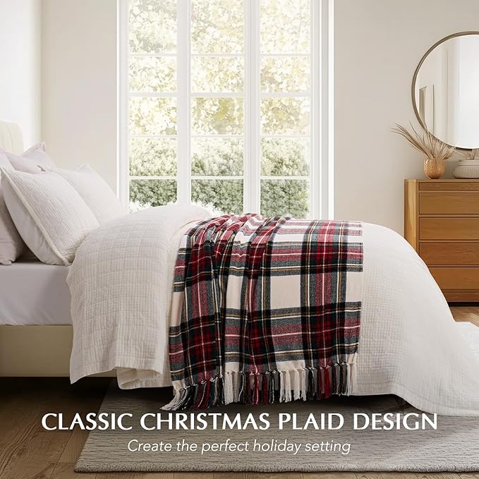 EverGrace Stewart Christmas Plaid Chenille Throw Blanket for Couch, Super Soft Cozy Tartan Checkered Throw Blanket with Tassels, Lightweight Plush Chenille Knit Throw for Christmas Decor, 50”x60”