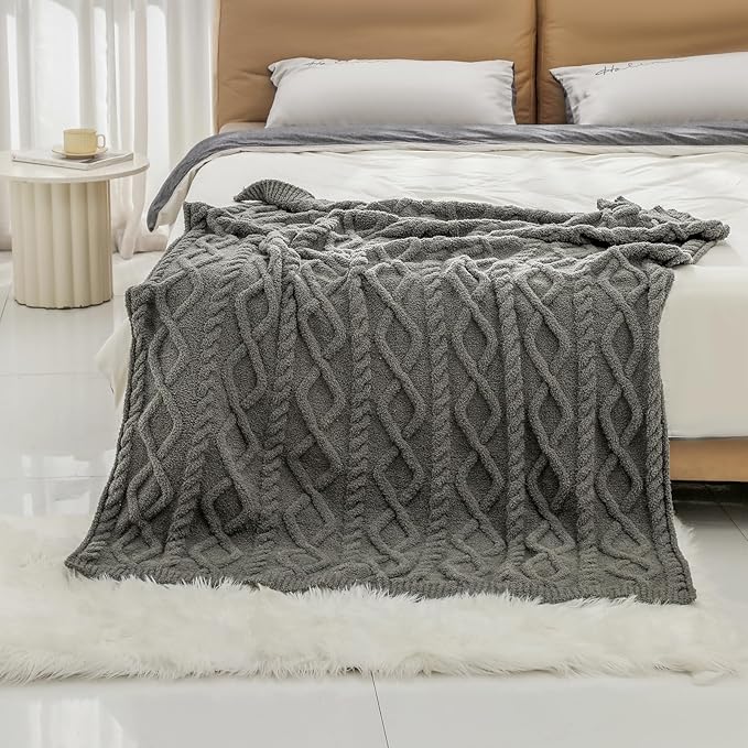bearberry Plush Fleece Blanket Ultra Cozy & Warm Cable Knit - Machine Washable Throw for Living Room, Bedroom, Office | Lightweight Fuzzy Blanket for Adults, Kids, Pets (Grey, 50”x60”)