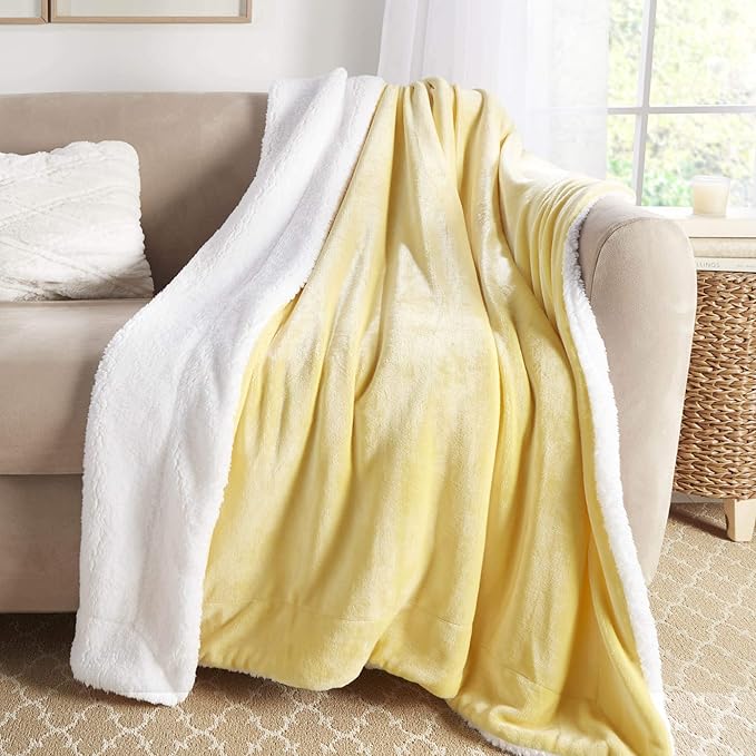 Genteele Sherpa Throw Blanket Super Soft Reversible Ultra Luxurious Plush Blanket, 60 x 70 inches, Yellow/White