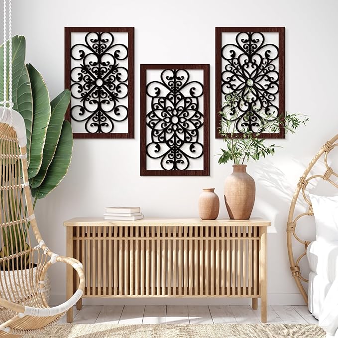 Yulejo 4 Pieces Thicken Rustic Wall Decor Modern Farmhouse Wall Art Decor Wooden Hollow Carved Design Rustic Art for Living Room Hallway Office Kitchen Decoration