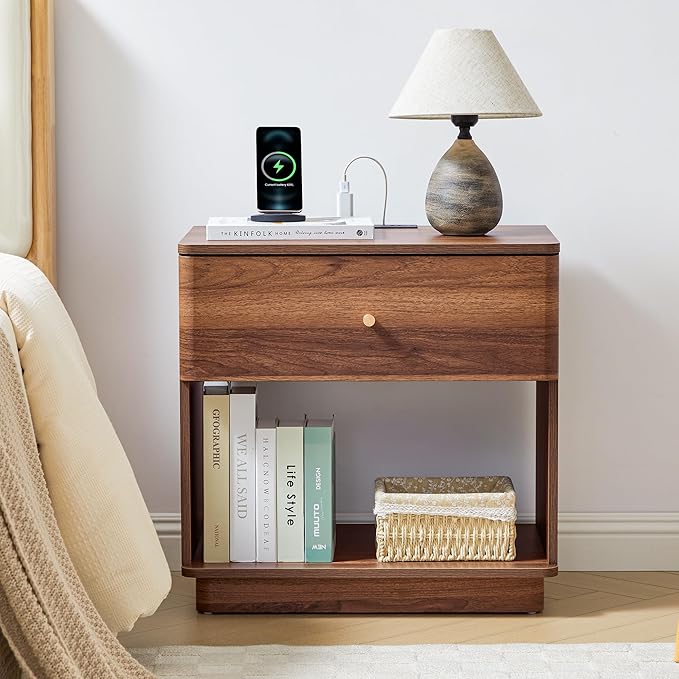Modern Night Stand with Charging Station for Bedroom, Nightstand Bedside Table with Drawer and Storage Shelf for Bedroom (Walnut-Charging Station-1 pc)