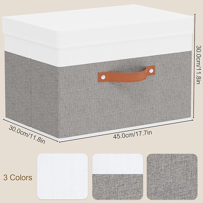 Storage Bins with Lids, Storage Baskets, 17.7 x 11.8 x 11.8 Inch Collapsible Boxes with Handles for Shelves Bedroom, White and Grey, 5-Pack