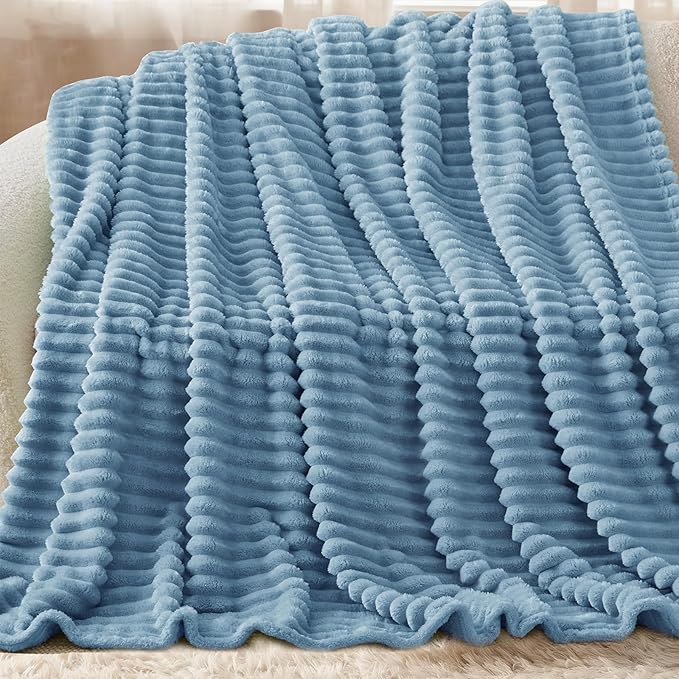 Nookly Light Blue Twin Size Fleece Blanket, Soft Lightweight Ribbed Plush Bed Blanket, Cozy All-Season Striped Fleece Twin Throw for Bedroom and Home, 60x80 Inches