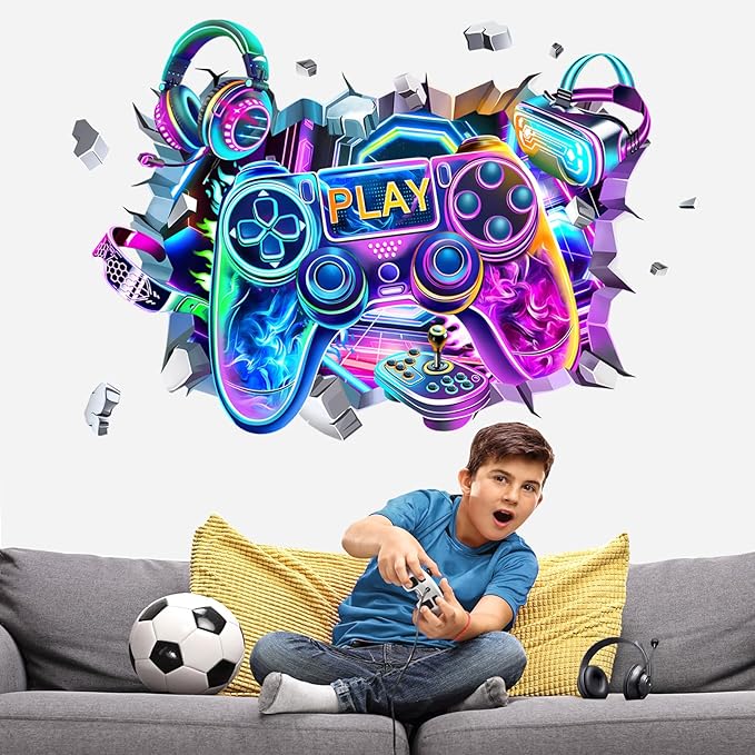 decalmile Large 3D Game Wall Decals Video Gaming Gamer Controller Joystick Wall Stickers Boy Bedroom Teenagers Playroom Wall Decor