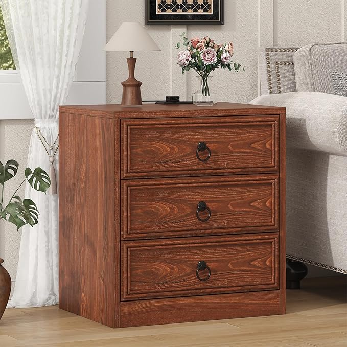 Farmhouse Nightstand with Charging Station, 21.7" Wide End Table with 3 Drawers, Cherry Wood Side Table, Bedside Table for Bedroom, Living Room, Sofa