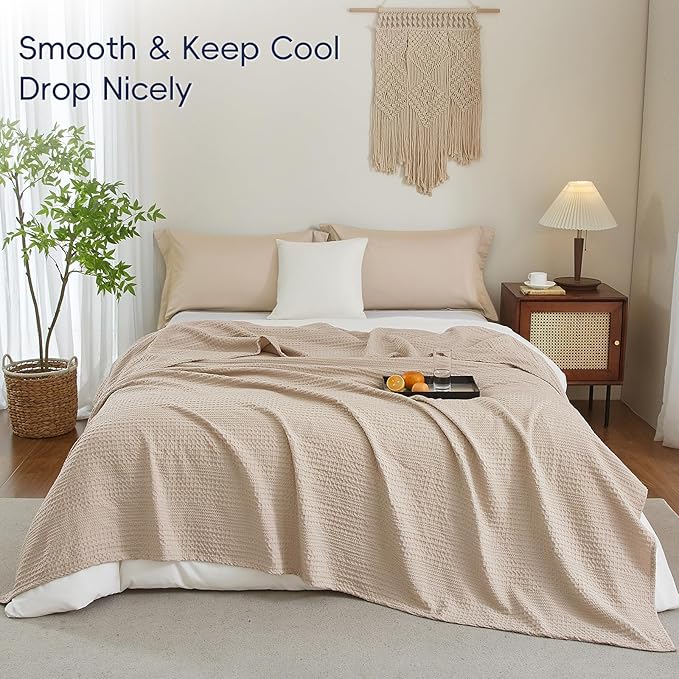 PHF Lightweight Waffle Weave Blanket Twin Size, Breathable & Ultra Soft, 66"x 90" Soft & Cozy Thin Blanket for All Season & Hot Sleepers, Bed, Home Decor - Light Tan