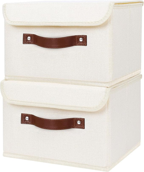 ANMINY 2PCS Storage Bins with Lid PU Leather Handles Storage Boxes PP Plastic Board Decorative Foldable Lidded Cotton Linen Fabric Home Cubes Baskets Closet Organizer Containers - Beige, Small Size