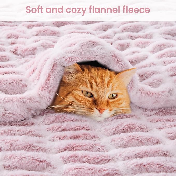 Warm Fuzzy Faux Fur Blanket, Elastic Striped Fleece Throw Blanket for Couch Sofa Bed Living Room, Light Pink Double-Sided Furry Blanket and Throws - 50"x 60"