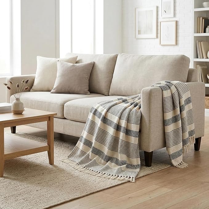 Americanflat 50x60 Throw Blanket - Soft and Breathable Cotton Throw Blanket for Couch, Bed, Chair - Decorative Blankets Perfect for Home, Office, or Outdoor Use - Black and White Stripe Design