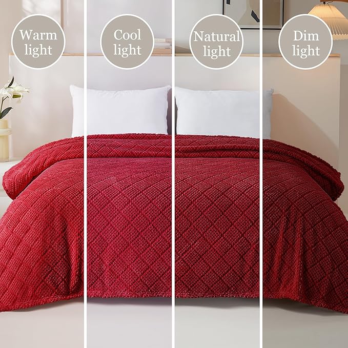 Whale Flotilla Fuzzy Fleece Twin Size Blanket for Bed, Soft Fluffy Jacquard Waffle Blankets for All Season, Lightweight and Warm, 60x80 Inch, Red