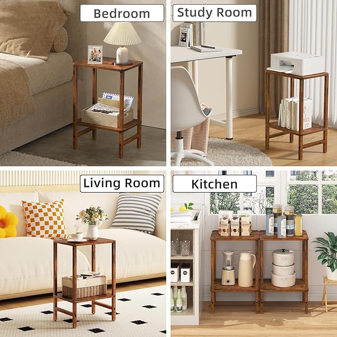 Side Table End Table Tall Night Stand 2-Tier 2 Pack for Living Room Bedroom Bathroom Office Furniture Brown