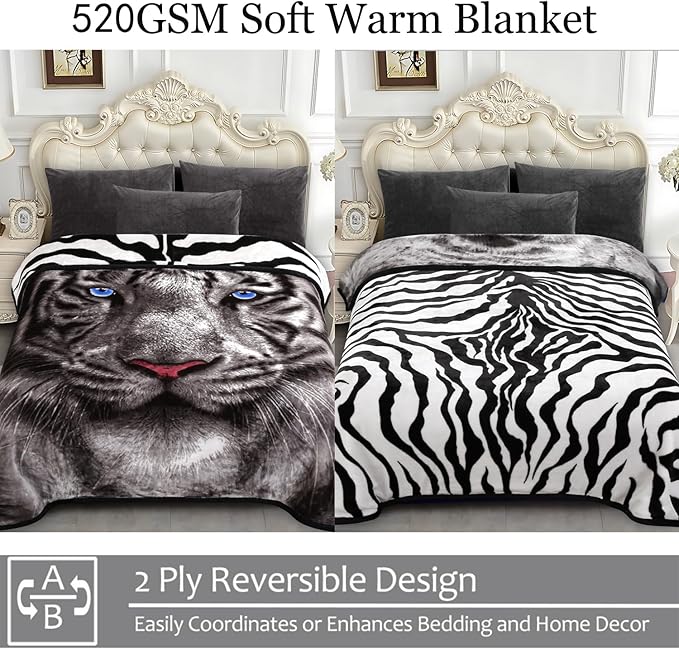 JYK Soft Fleece Bed Blanket King Size 5.7 LB, Korean Style 2 Ply Reversible Fluffy Flannel Blanket Microfiber, Warm Cozy Blanket for Autumn, Winter 83x91 Inches - Black White Tiger/Tiger Stripes