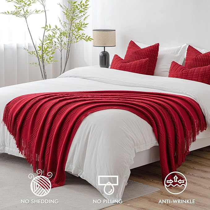 MIULEE Red Knitted Throw Blanket for Couch Boho Textured Cozy Woven Blanket with Tassels for Sofa Chair Bed Living Room Acrylic Wave Pattern 50"x60"