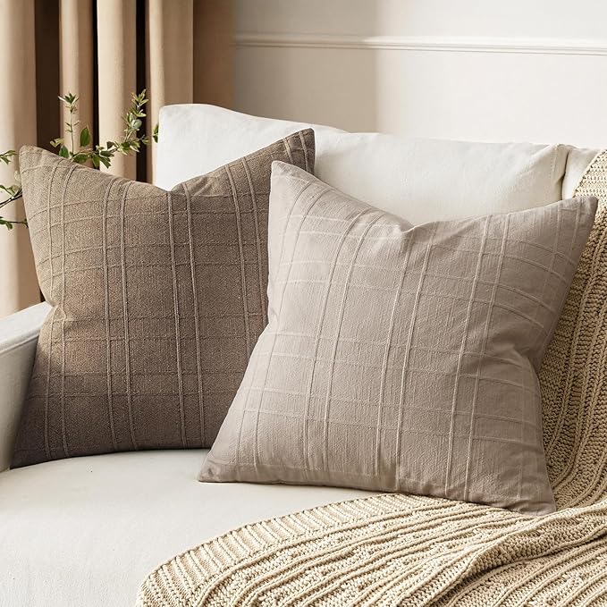 MIULEE Decorative Linen Check Throw Pillow Covers Neutral Farmhouse Vintage Pillow Covers 18x18 Set of 2 Boho Modern Home Decor for Sofa Couch Bedroom Cushion Natural Linen